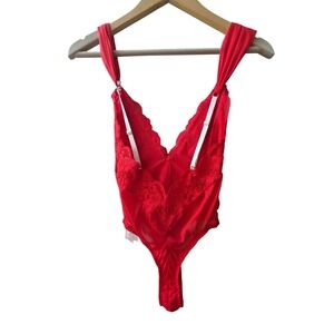 NWT‎ FP x We Are HAH Red Siren Lace Sheer Bodysuit S White Contrast Straps Rare